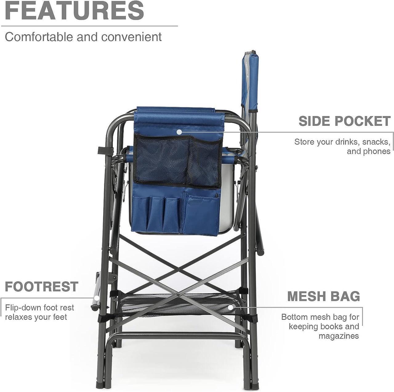 Alt view image 6 of 7 - EVER ADVANCED Tall Folding Chair 30.7" Seat Height Directors Chair High Foldable Bar Stool for Makeup Artist Face Painting with Side Table Cup Holder and Storage Pocket Supports 350LBS (Blue/Grey)