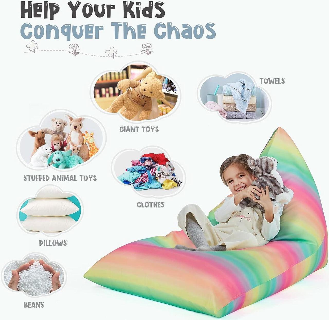Alt view image 4 of 6 - Nobildonna Stuffed Animal Storage Bean Bag Chair Cover Only for Kids and Adults, Extra Large Beanbag Without Filling Plush Toys Holder and Organizer- Premium Canvas 250L (Rainbow Stripes)