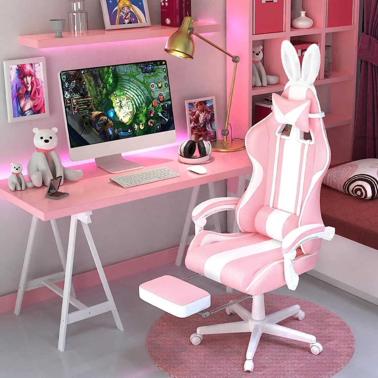 Alt view image 2 of 7 - Ferghana Pink Gaming Chair, Ergonomic Gaming Chairs For Adults & Teens, Racing PC Gamer Chair With Footrest, Office Game Chair With Massage, Cute Gaming Desk Chair For Girls, Recliner Silla Gamer Rosa