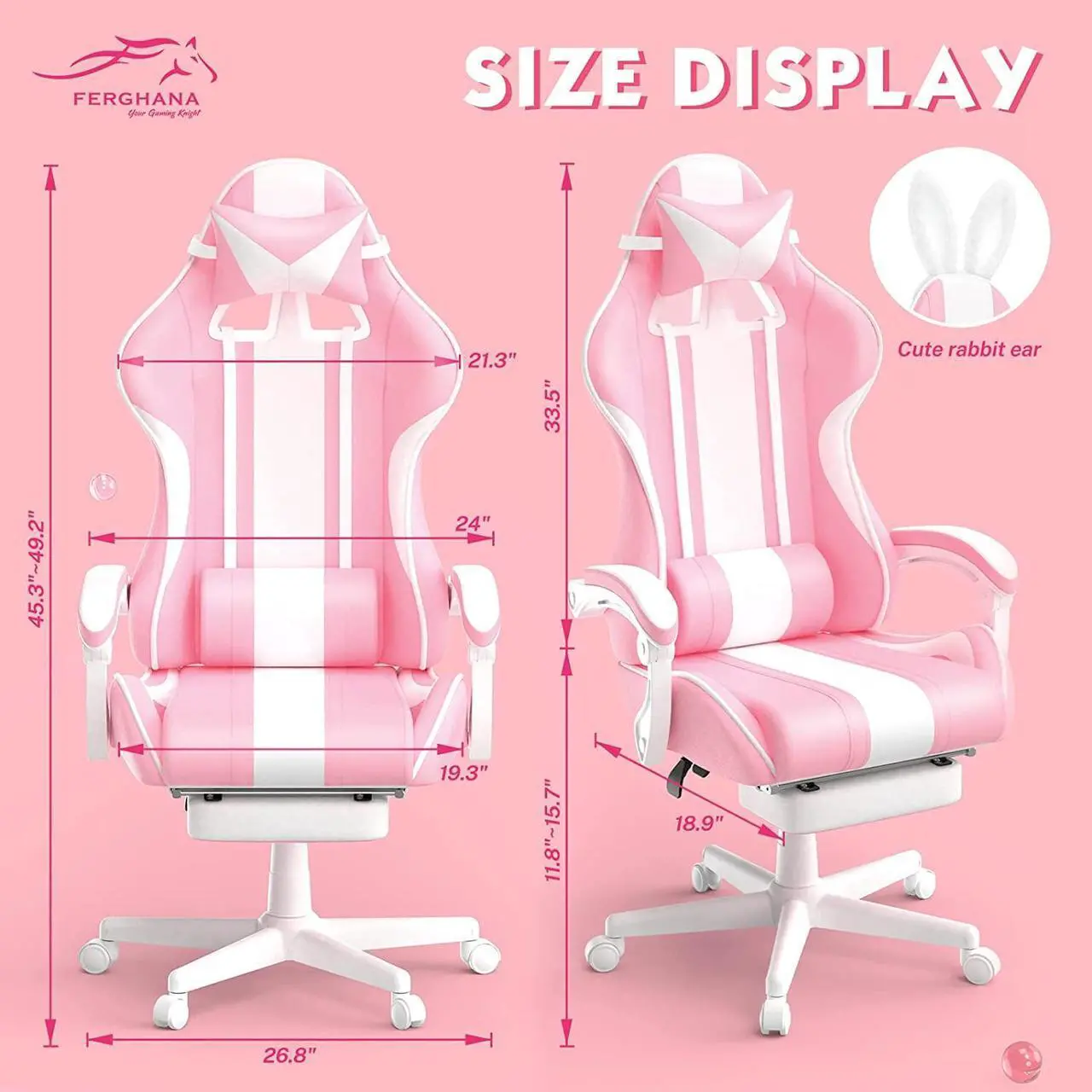 Alt view image 3 of 7 - Ferghana Pink Gaming Chair, Ergonomic Gaming Chairs For Adults & Teens, Racing PC Gamer Chair With Footrest, Office Game Chair With Massage, Cute Gaming Desk Chair For Girls, Recliner Silla Gamer Rosa