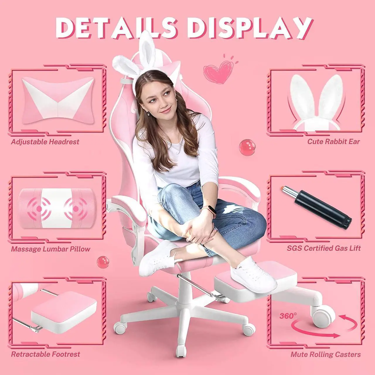 Alt view image 4 of 7 - Ferghana Pink Gaming Chair, Ergonomic Gaming Chairs For Adults & Teens, Racing PC Gamer Chair With Footrest, Office Game Chair With Massage, Cute Gaming Desk Chair For Girls, Recliner Silla Gamer Rosa
