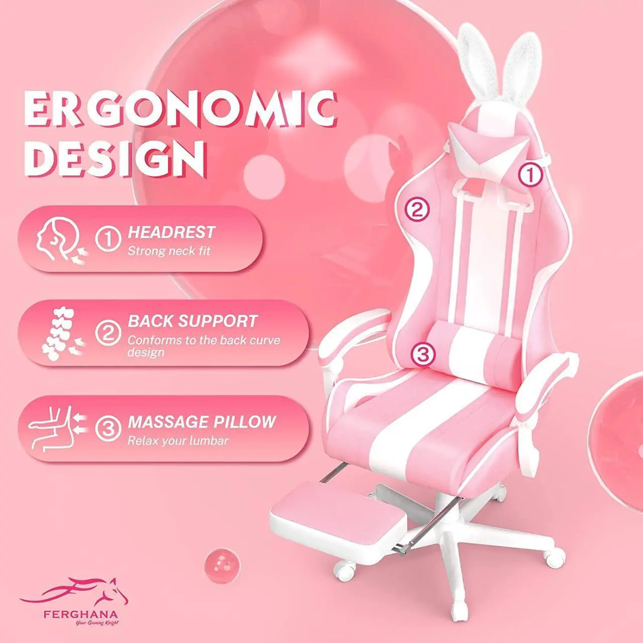 Alt view image 5 of 7 - Ferghana Pink Gaming Chair, Ergonomic Gaming Chairs For Adults & Teens, Racing PC Gamer Chair With Footrest, Office Game Chair With Massage, Cute Gaming Desk Chair For Girls, Recliner Silla Gamer Rosa