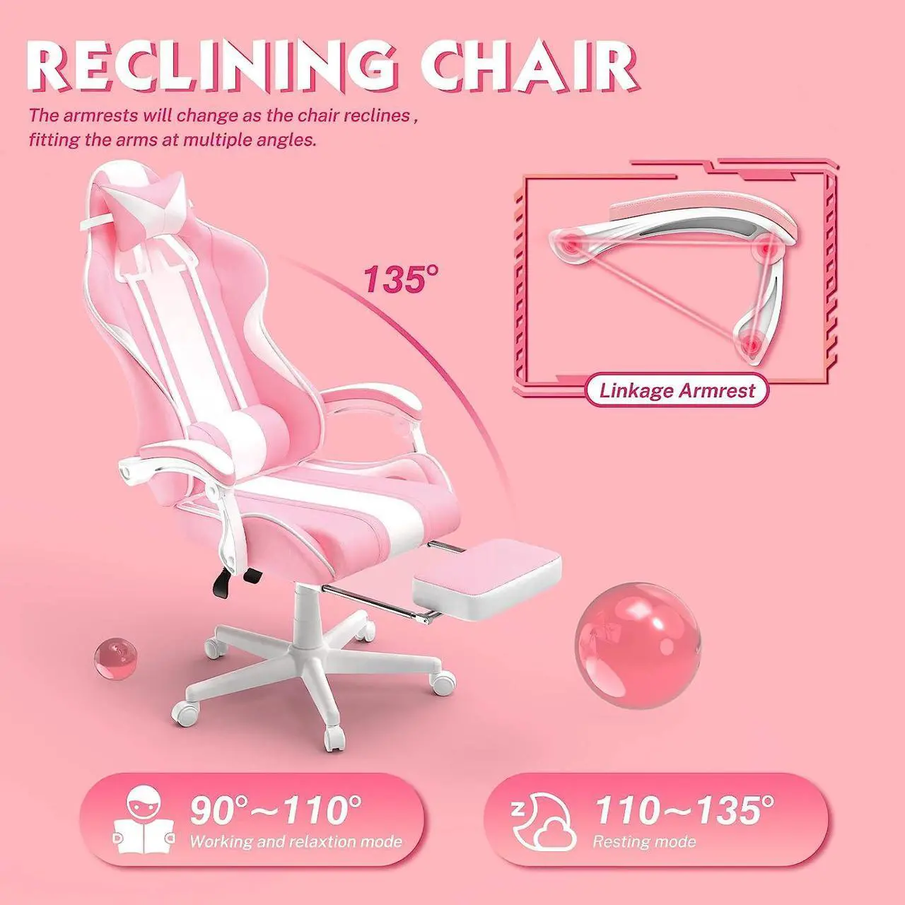 Alt view image 7 of 7 - Ferghana Pink Gaming Chair, Ergonomic Gaming Chairs For Adults & Teens, Racing PC Gamer Chair With Footrest, Office Game Chair With Massage, Cute Gaming Desk Chair For Girls, Recliner Silla Gamer Rosa