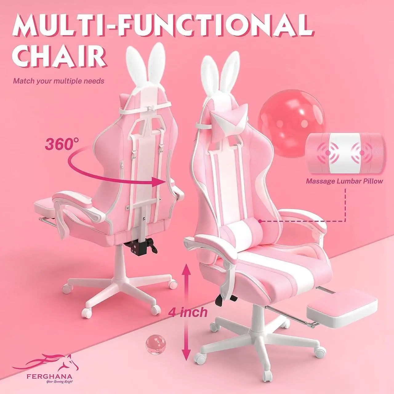 Alt view image 6 of 7 - Ferghana Pink Gaming Chair, Ergonomic Gaming Chairs For Adults & Teens, Racing PC Gamer Chair With Footrest, Office Game Chair With Massage, Cute Gaming Desk Chair For Girls, Recliner Silla Gamer Rosa