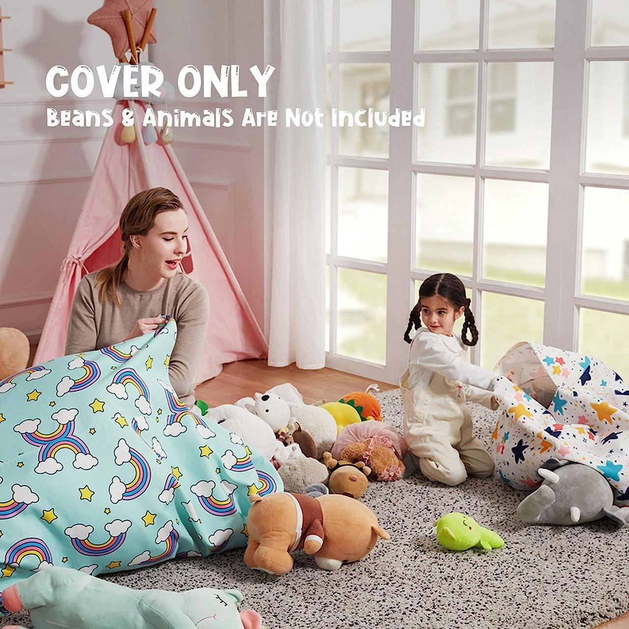 Alt view image 2 of 6 - Nobildonna Stuffed Animal Storage Bean Bag Chair Cover Only for Kids and Adults, Extra Large Beanbag Without Filling Plush Toys Holder and Organizer- Premium Canvas 250L (Rainbow Stripes)