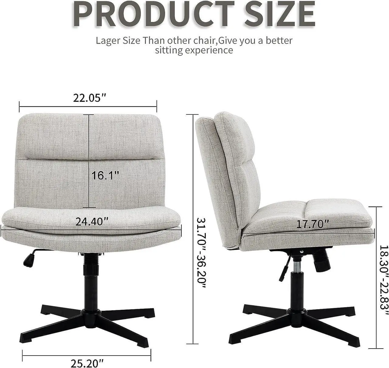 Alt view image 5 of 6 - LONWIK Armless Wide Office Desk Chair No Wheels, Modern Fabric Swivel Vanity Chair, 120°Rocking Ergonomic Cross Legged Computer Task Chair(Gray)