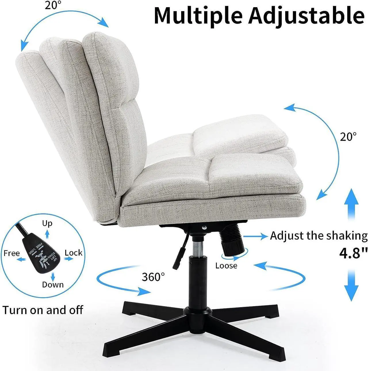 Alt view image 2 of 6 - LONWIK Armless Wide Office Desk Chair No Wheels, Modern Fabric Swivel Vanity Chair, 120°Rocking Ergonomic Cross Legged Computer Task Chair(Gray)