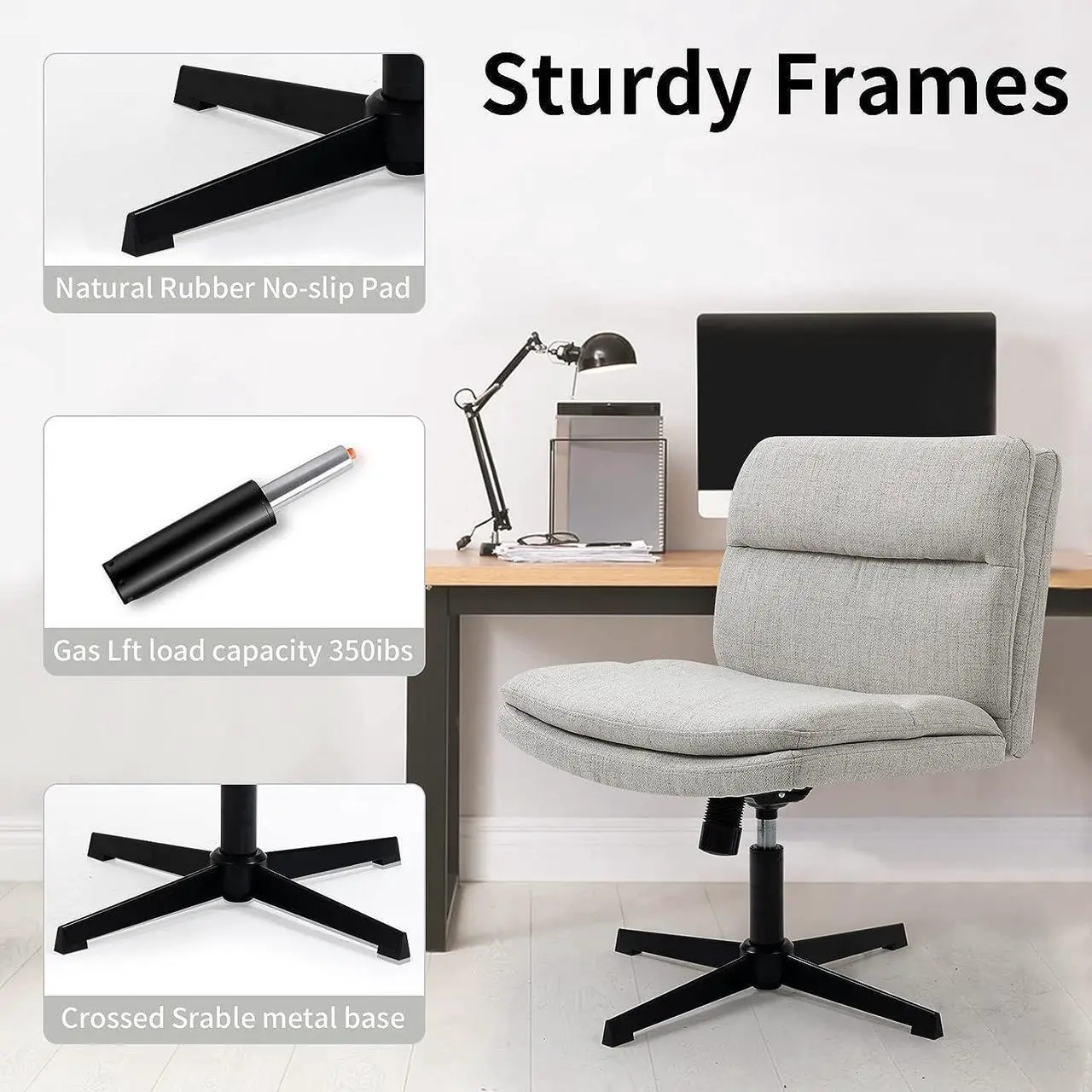 Alt view image 3 of 6 - LONWIK Armless Wide Office Desk Chair No Wheels, Modern Fabric Swivel Vanity Chair, 120°Rocking Ergonomic Cross Legged Computer Task Chair(Gray)