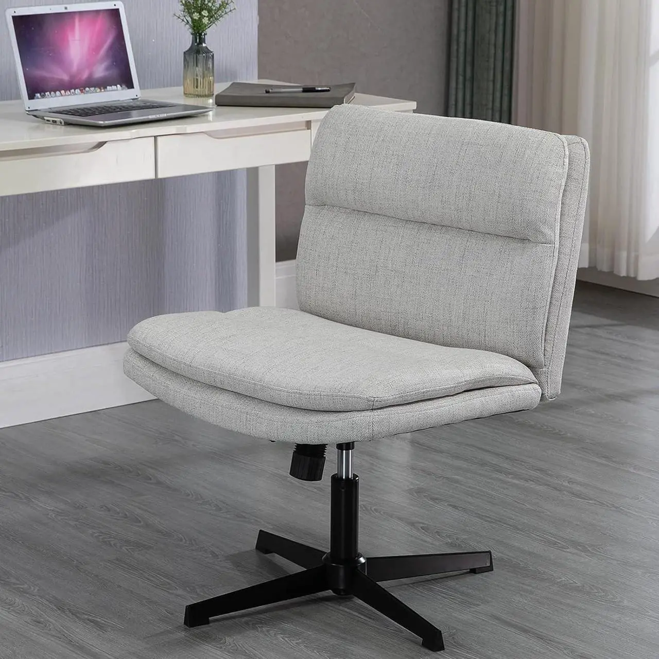 Alt view image 6 of 6 - LONWIK Armless Wide Office Desk Chair No Wheels, Modern Fabric Swivel Vanity Chair, 120°Rocking Ergonomic Cross Legged Computer Task Chair(Gray)