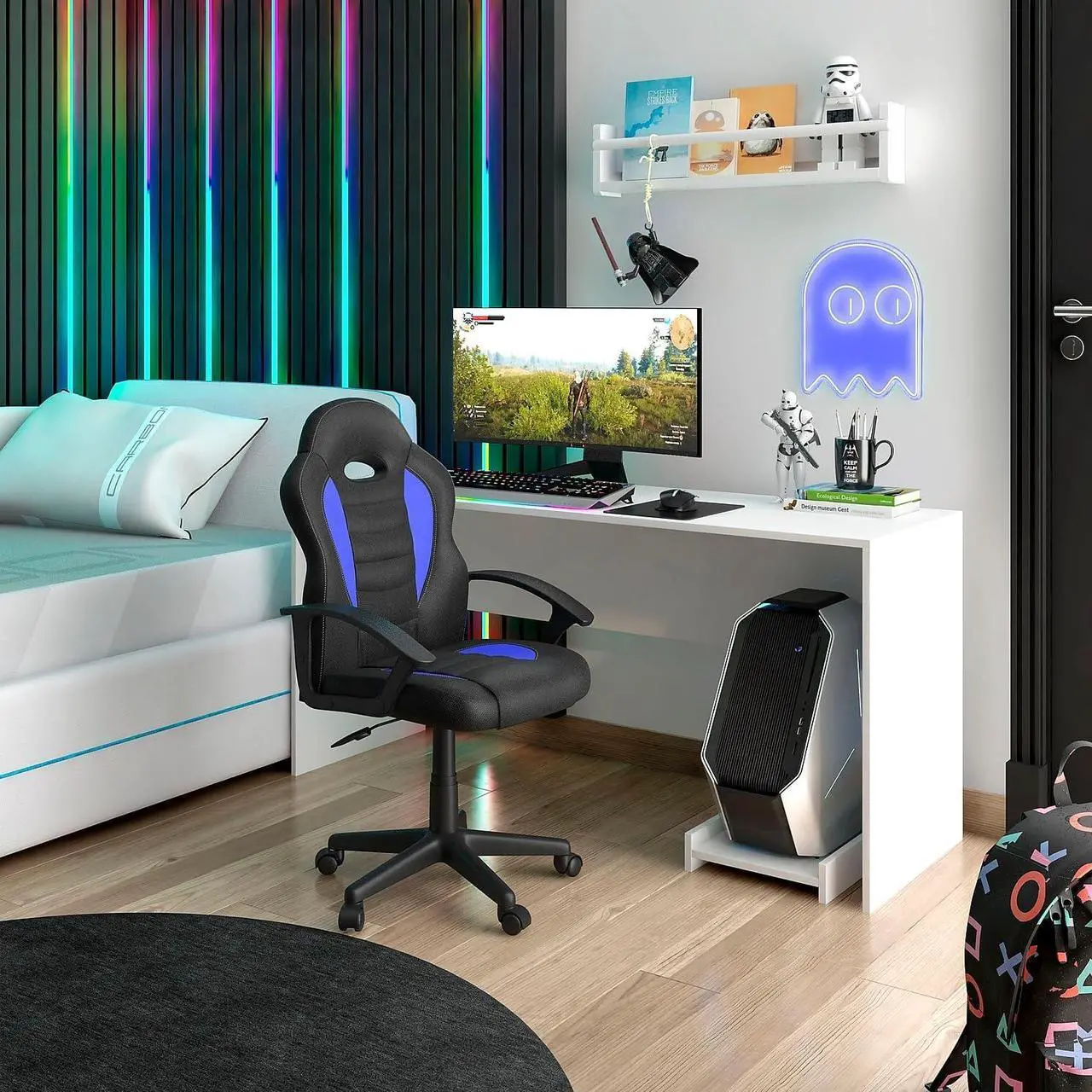 Alt view image 2 of 7 - Techni Mobili Kid's Gaming and Student Racer Chair with Wheels, Resemblance of a sport's car interior, Polypropylene, Blue, Welcome to consult
