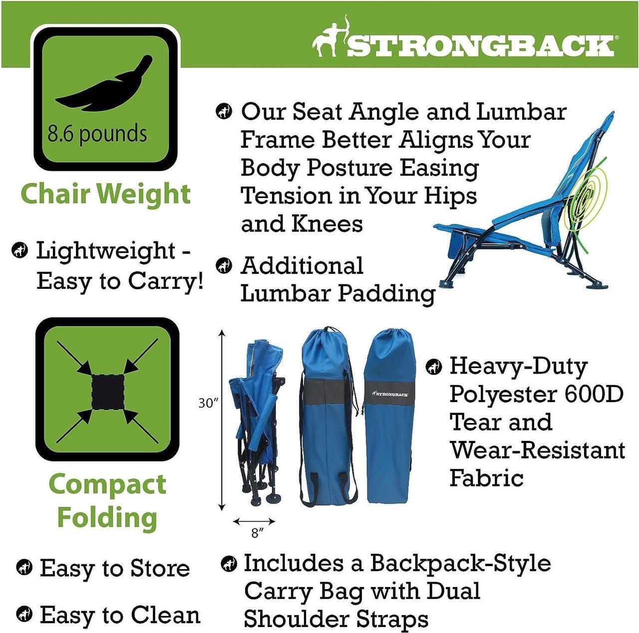 Alt view image 4 of 4 - STRONGBACK Low Gravity Beach Chair with Built-in Lumbar Back Support - Heavy Duty Portable Folding Beach Chair for Adults - Blue