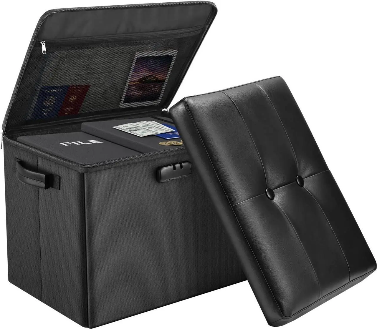 Main image of DocSafe Storage Ottoman with Lock,Fireproof Folding Ottoman Foot Rest Stool Storage Chest with Storage Safe for Important Documents,Waterproof 17 Inches Short Ottoman Foot Stool with Hanldes,Black