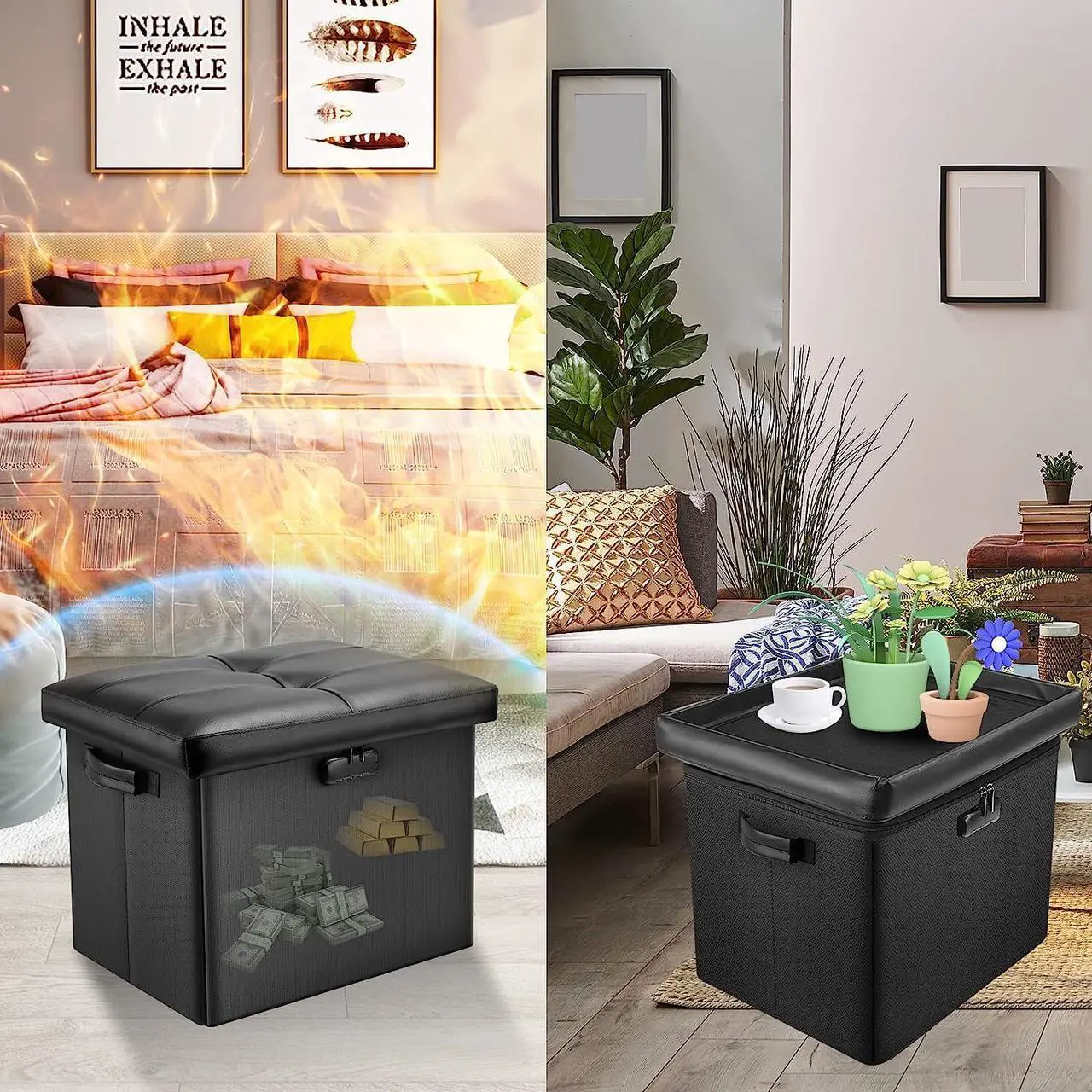 Alt view image 2 of 7 - DocSafe Storage Ottoman with Lock,Fireproof Folding Ottoman Foot Rest Stool Storage Chest with Storage Safe for Important Documents,Waterproof 17 Inches Short Ottoman Foot Stool with Hanldes,Black