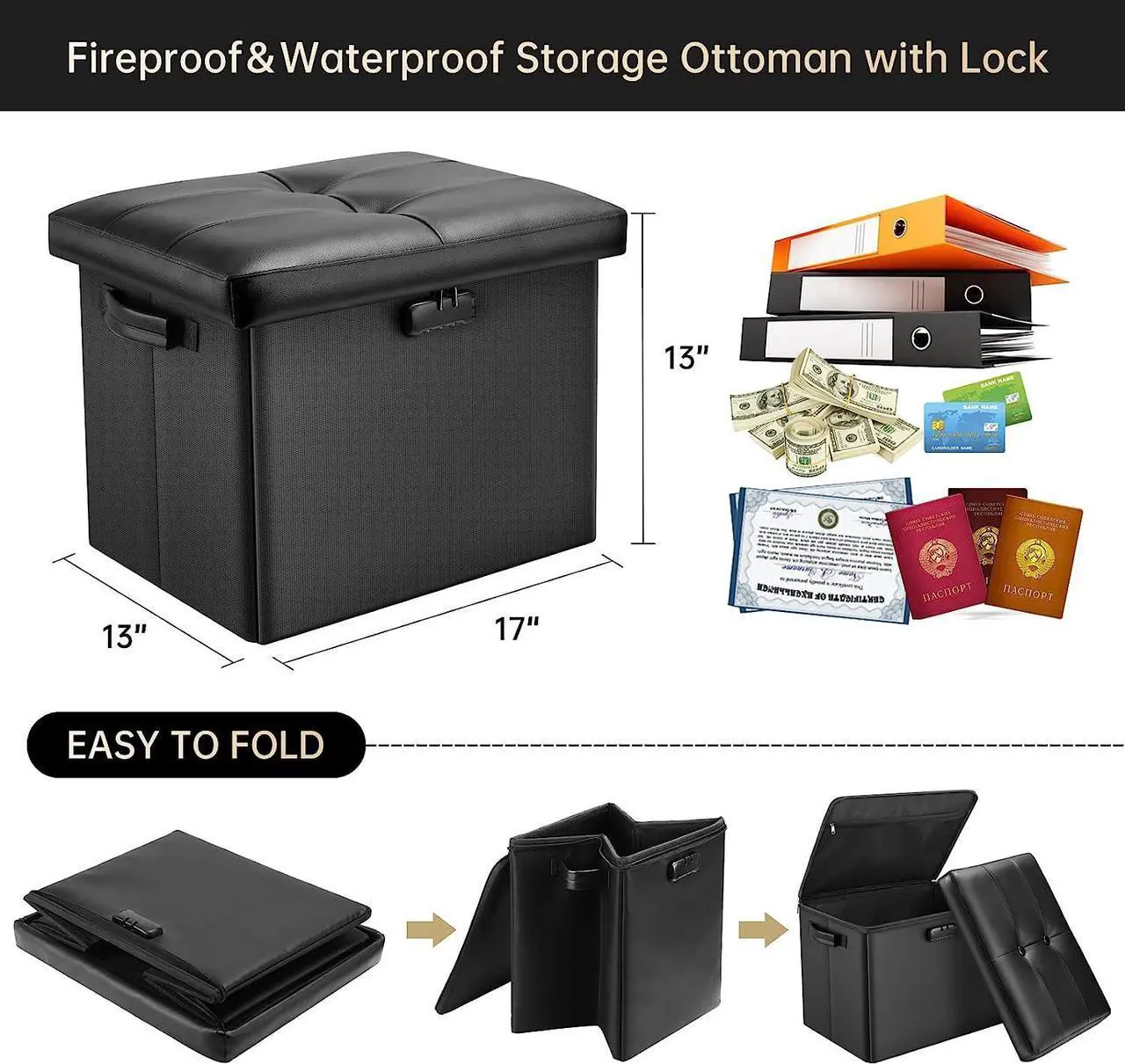 Alt view image 3 of 7 - DocSafe Storage Ottoman with Lock,Fireproof Folding Ottoman Foot Rest Stool Storage Chest with Storage Safe for Important Documents,Waterproof 17 Inches Short Ottoman Foot Stool with Hanldes,Black