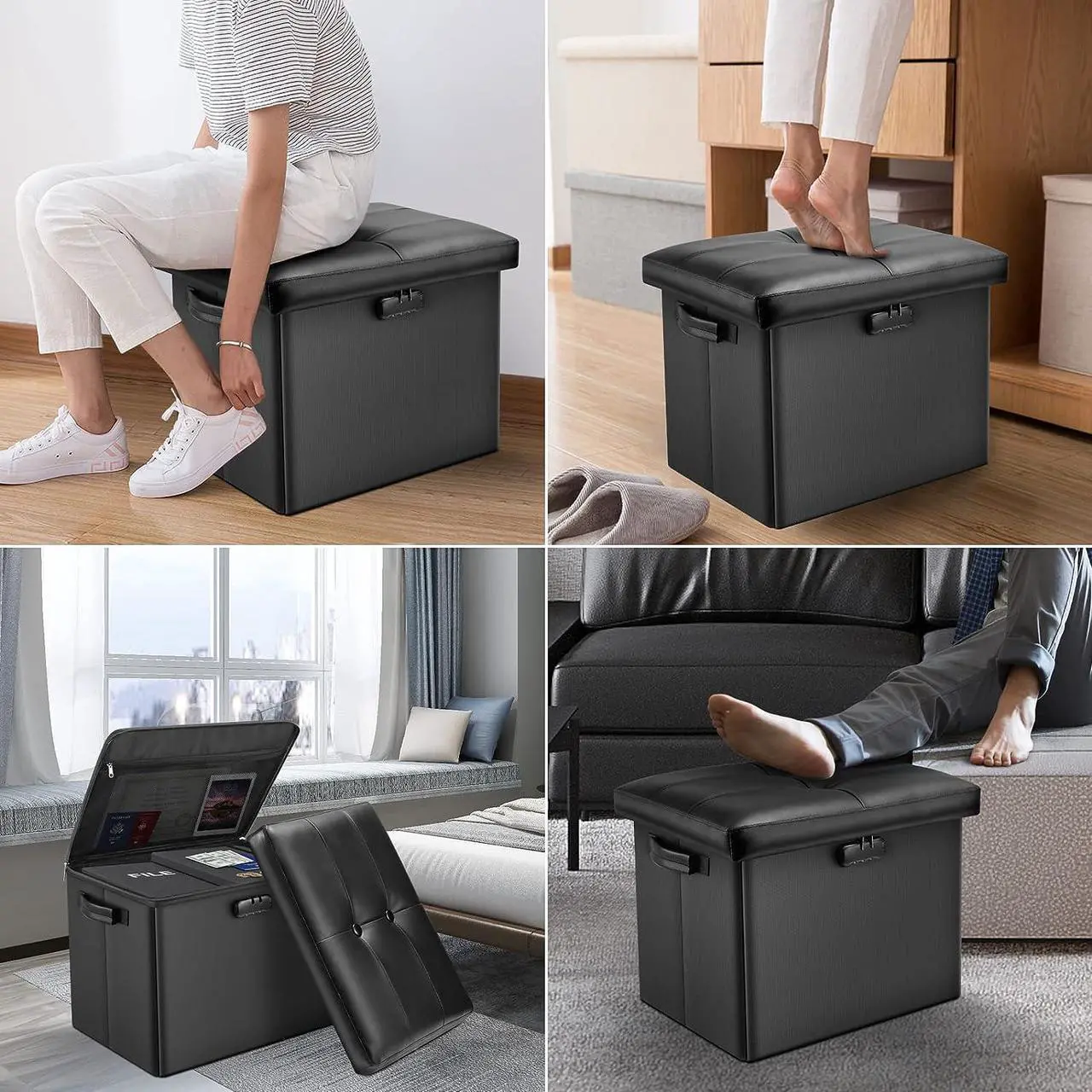 Alt view image 4 of 7 - DocSafe Storage Ottoman with Lock,Fireproof Folding Ottoman Foot Rest Stool Storage Chest with Storage Safe for Important Documents,Waterproof 17 Inches Short Ottoman Foot Stool with Hanldes,Black