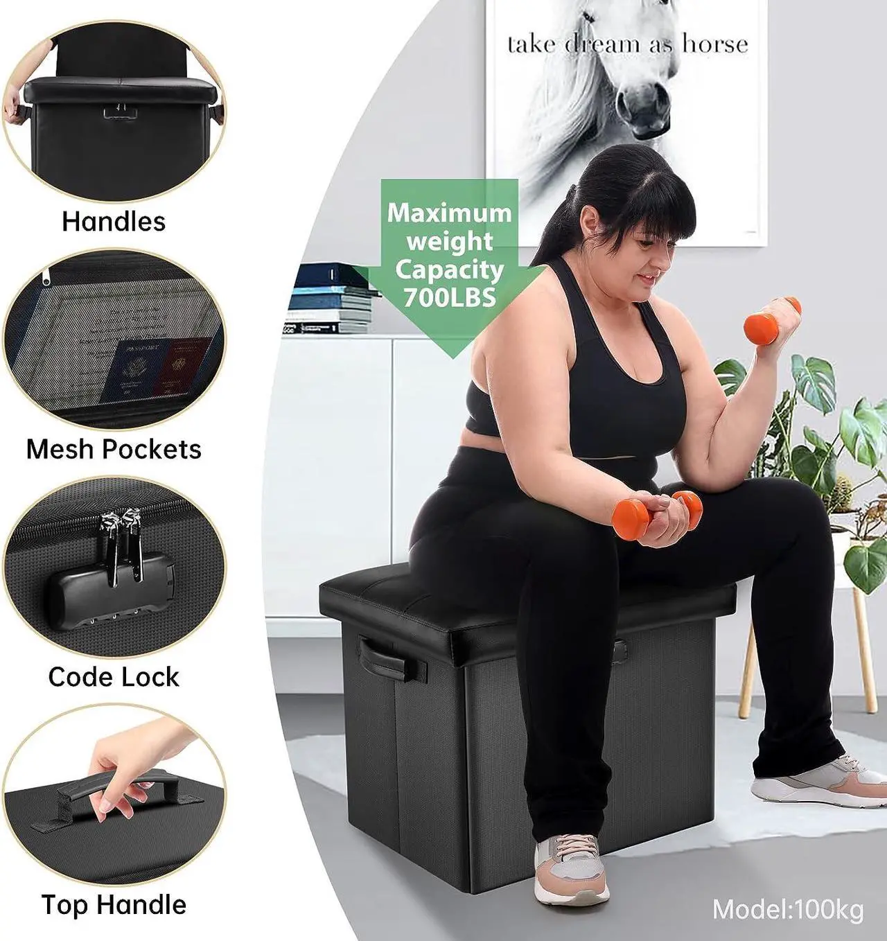 Alt view image 6 of 7 - DocSafe Storage Ottoman with Lock,Fireproof Folding Ottoman Foot Rest Stool Storage Chest with Storage Safe for Important Documents,Waterproof 17 Inches Short Ottoman Foot Stool with Hanldes,Black