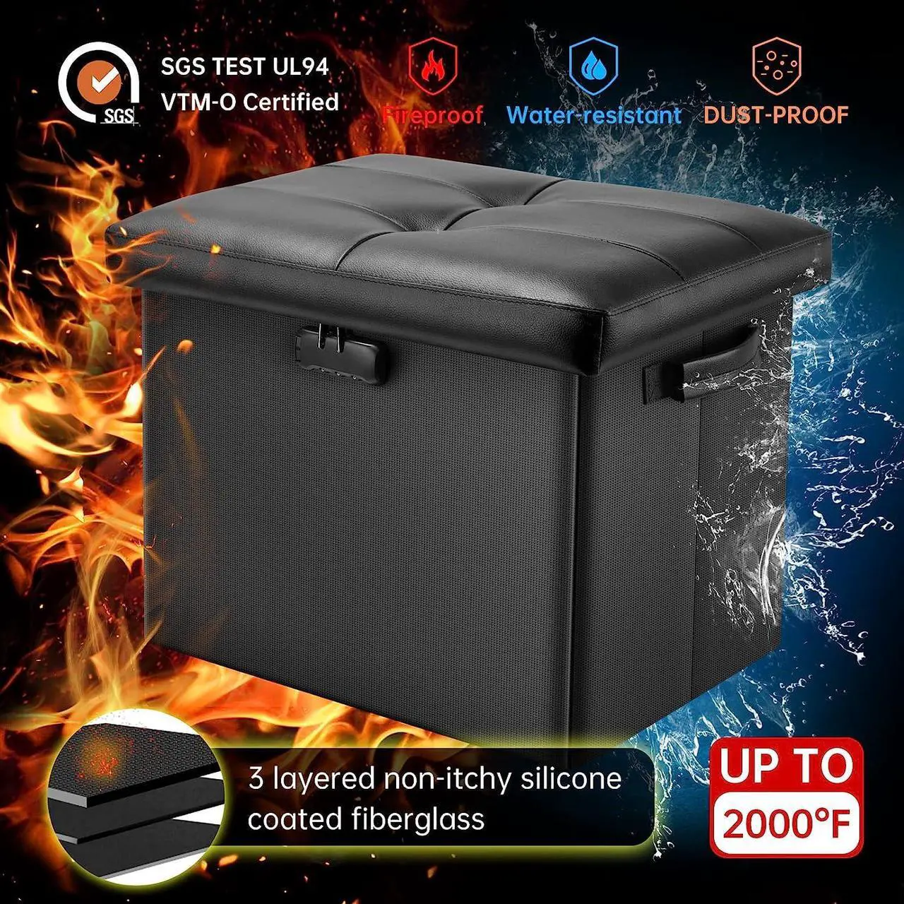 Alt view image 5 of 7 - DocSafe Storage Ottoman with Lock,Fireproof Folding Ottoman Foot Rest Stool Storage Chest with Storage Safe for Important Documents,Waterproof 17 Inches Short Ottoman Foot Stool with Hanldes,Black