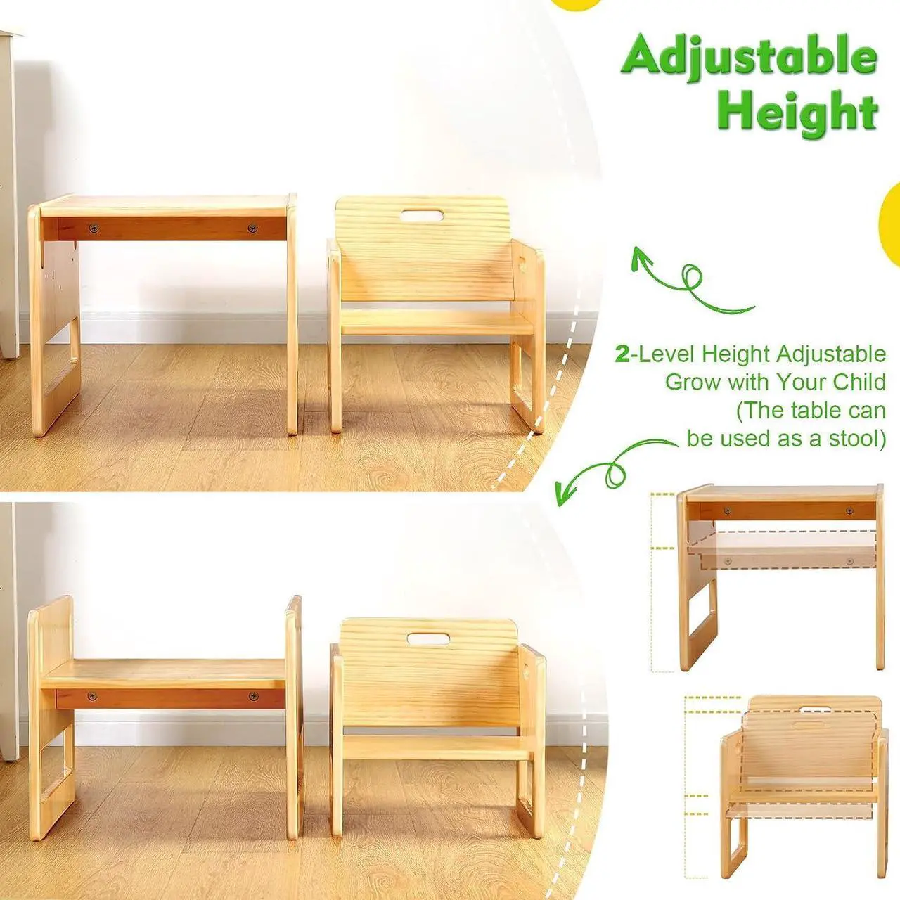 Alt view image 2 of 6 - FUNLIO Montessori Weaning Table and Chair Set for Toddlers Age 1-3, Height Adjustable Toddler Table and Chair Set, Cube Kids Table Chair for Reading/Eating/Playing, Easy to Assemble, CPC Certified