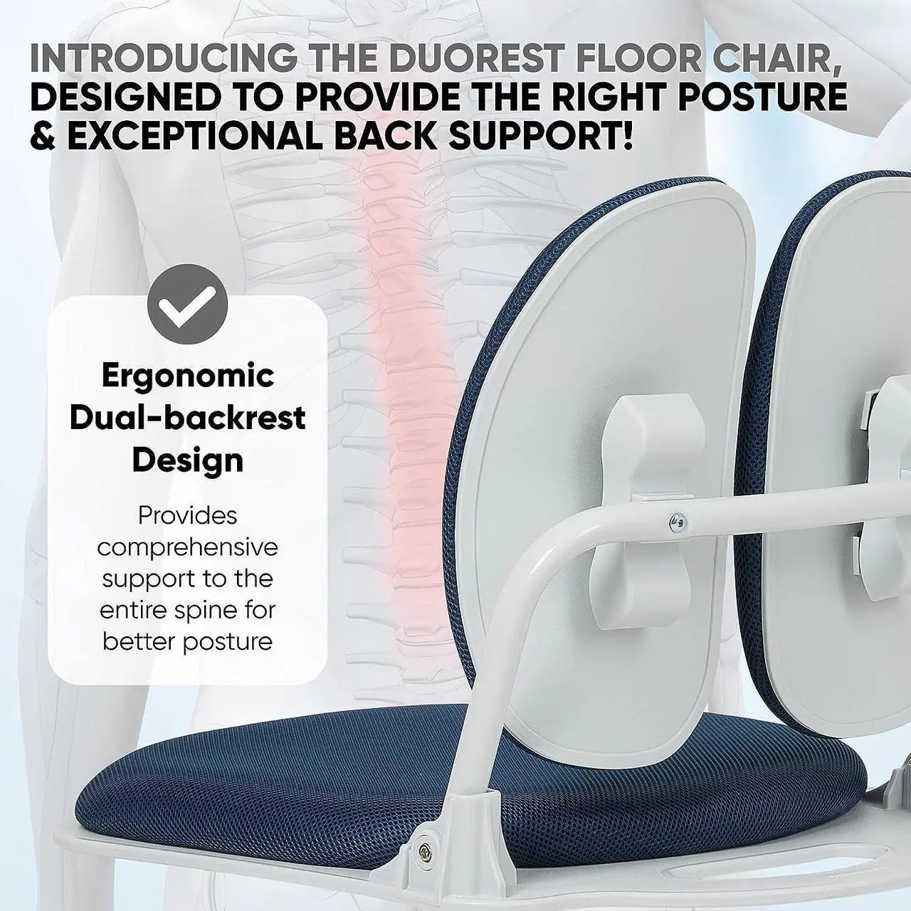 Alt view image 2 of 6 - Duorest Dual-Backrests Ergonomic Floor Chair with Back Support - Meditation Chair, Floor Gaming Chair, Reading Chair, Floor Chairs for Adults, Foldable Chair (Blue), Welcome to consult