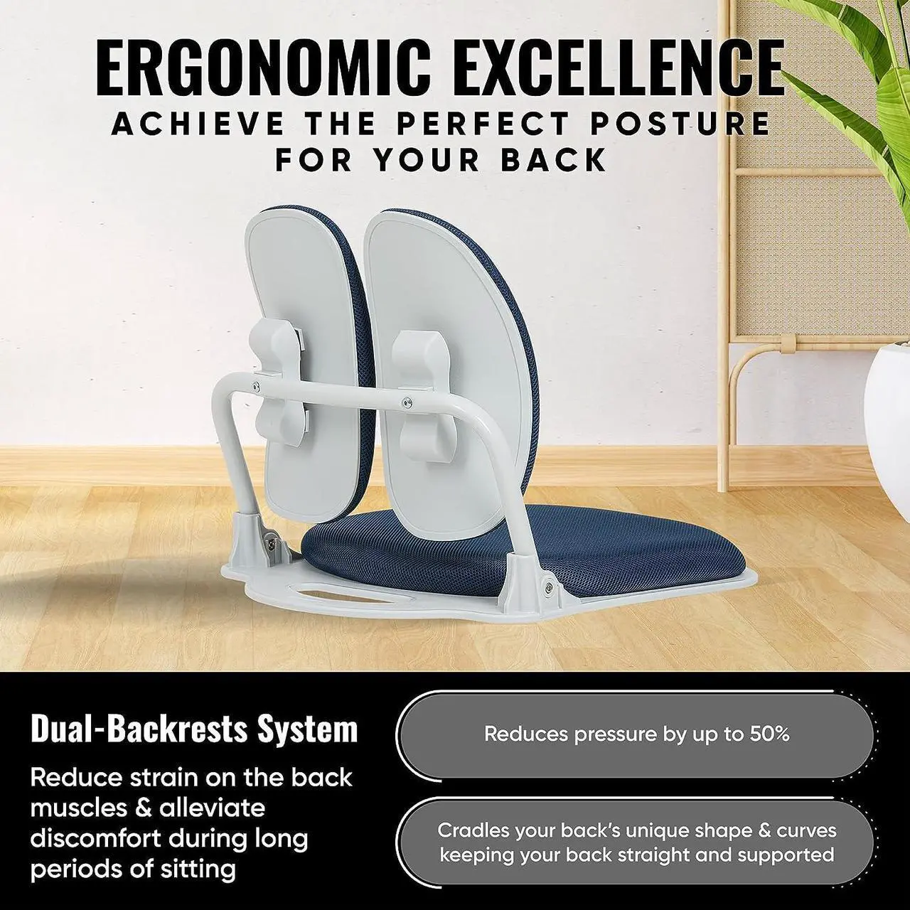 Alt view image 3 of 6 - Duorest Dual-Backrests Ergonomic Floor Chair with Back Support - Meditation Chair, Floor Gaming Chair, Reading Chair, Floor Chairs for Adults, Foldable Chair (Blue), Welcome to consult