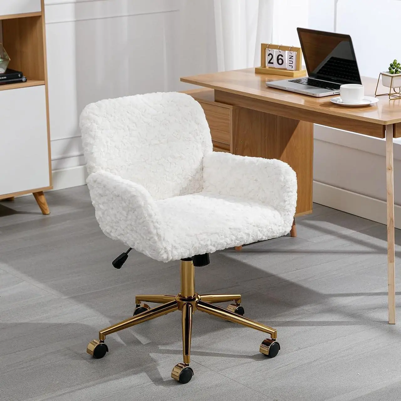 Alt view image 6 of 7 - Faux Fur Home Office Chair for Women Girl, Vanity Makeup Desk Chair with Wheels Upholstered Height Adjustable Armchair with Gold Metal Base Living Room Bedroom Office Vanity