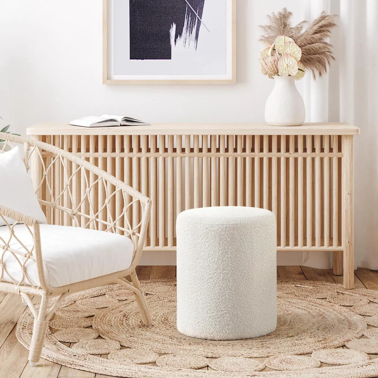Alt view image 7 of 7 - Get Set Style Modern Round Ottoman with Soft Padded Seat, Multifunctional Vanity Chairs for Makeup, Upholstered Footrest Stool Ottoman Foot Stool for Living Room, Bedroom, Welcome to consult