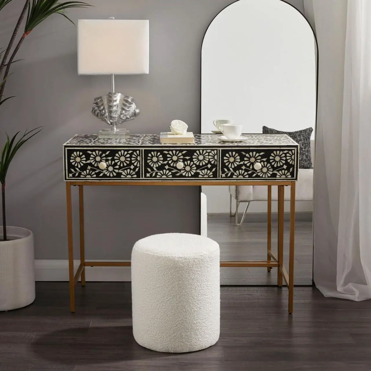 Alt view image 3 of 7 - Get Set Style Modern Round Ottoman with Soft Padded Seat, Multifunctional Vanity Chairs for Makeup, Upholstered Footrest Stool Ottoman Foot Stool for Living Room, Bedroom, Welcome to consult