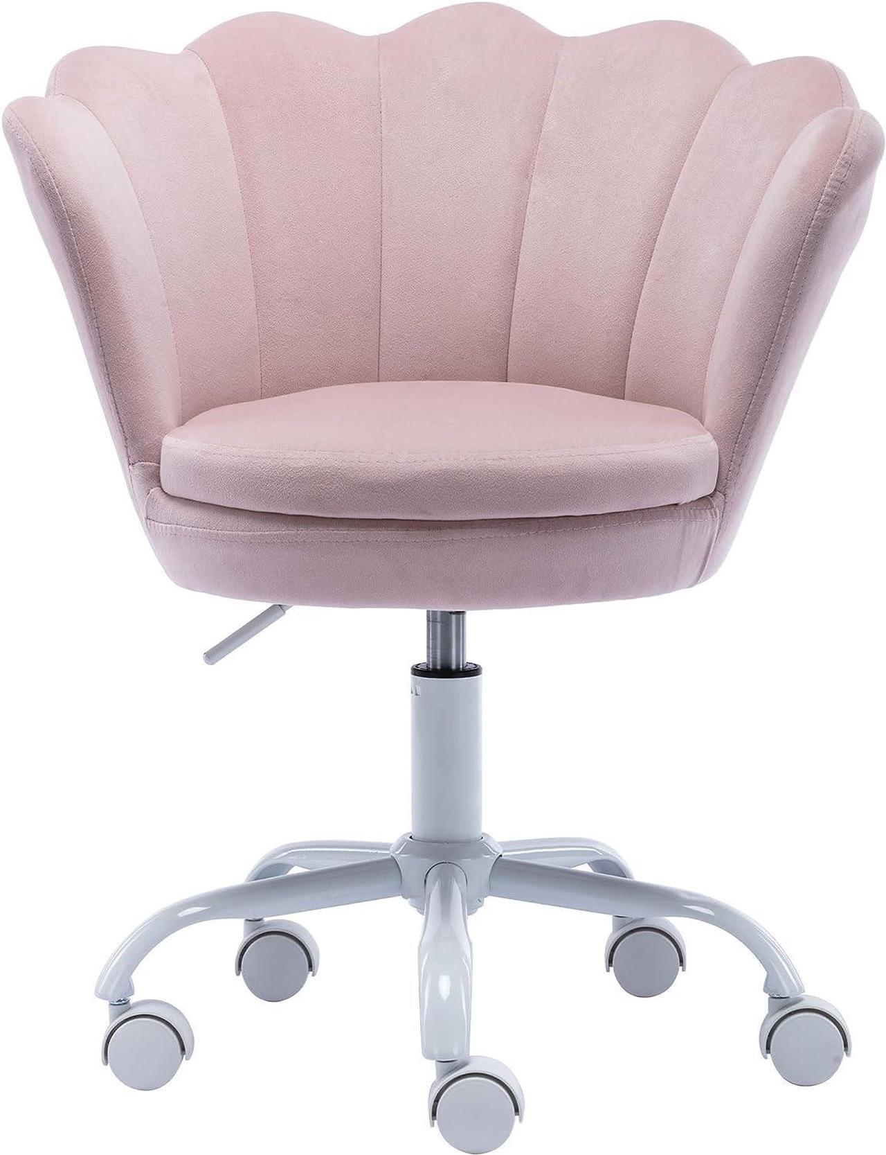 Main image of Adjustable Kids Desk Chair Cute Reading Computer Chair for Students Modern Upholstered Velvet Swivel Rolling Armchair for Girls Bedroom, Seashell Back (Light Pink)