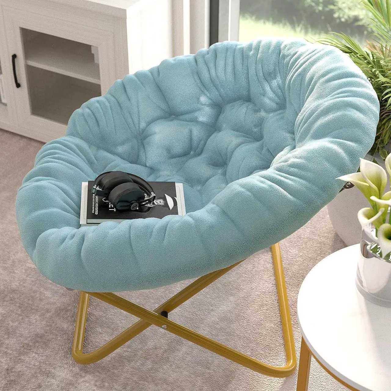 Alt view image 4 of 7 - EMMA + OLIVER Ersa Folding Saucer Chair - Dusty Aqua Faux Fur Cushion - 38" Oversized Design - Metal Frame in Soft Gold - No Assembly - Holds 300 lbs. Static Weight