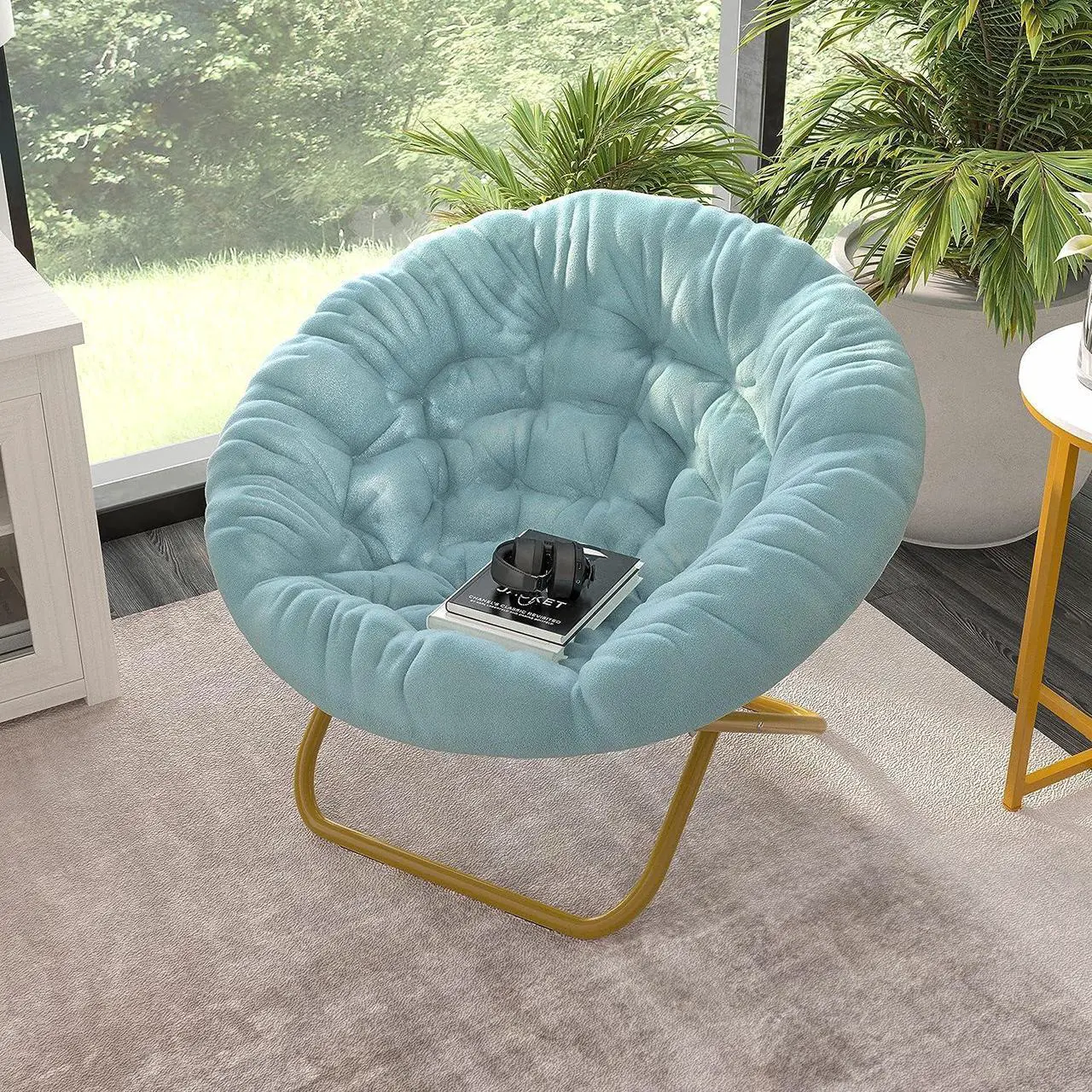 Main image of EMMA + OLIVER Ersa Folding Saucer Chair - Dusty Aqua Faux Fur Cushion - 38" Oversized Design - Metal Frame in Soft Gold - No Assembly - Holds 300 lbs. Static Weight