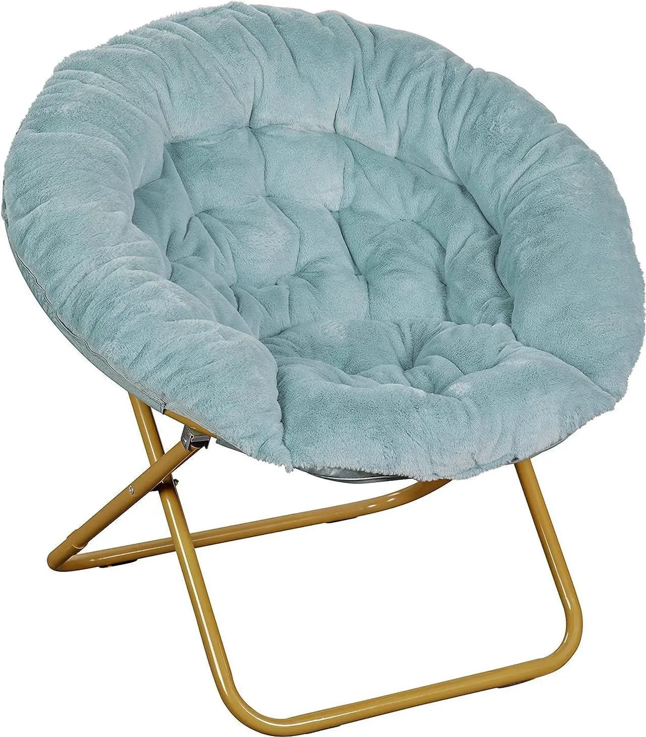 Alt view image 3 of 7 - EMMA + OLIVER Ersa Folding Saucer Chair - Dusty Aqua Faux Fur Cushion - 38" Oversized Design - Metal Frame in Soft Gold - No Assembly - Holds 300 lbs. Static Weight