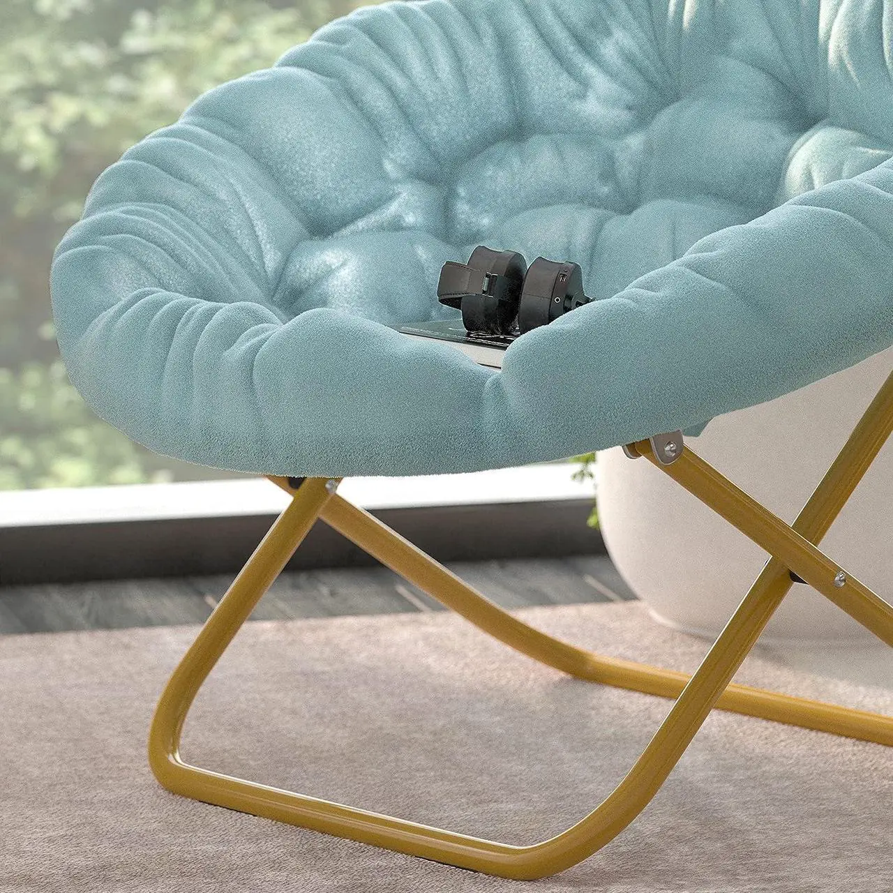Alt view image 6 of 7 - EMMA + OLIVER Ersa Folding Saucer Chair - Dusty Aqua Faux Fur Cushion - 38" Oversized Design - Metal Frame in Soft Gold - No Assembly - Holds 300 lbs. Static Weight
