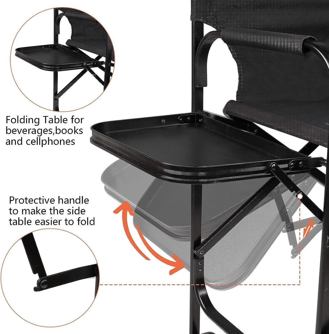 Alt view image 6 of 7 - OmySalon 31" Tall Directors Chair Black Folding with Side Table Storage Bag,Aluminum Frame 300 lbs Capacity, 33.8" L x 19.2" W x 45.6" H,Portable Makeup Artist Bar Height