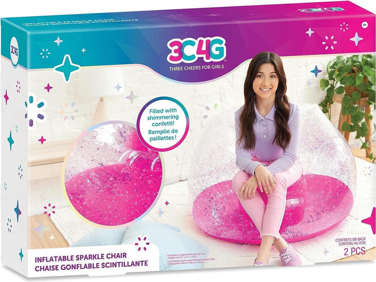 Main image of Three Cheers for Girls by Make It Real - Pink Glitter Confetti Chairs - Inflatable Lounge Chair for Kids - Comfortable & Portable Blow Up Chair Perfect for Outdoors, Bedrooms, Game Room, Dorms & More!