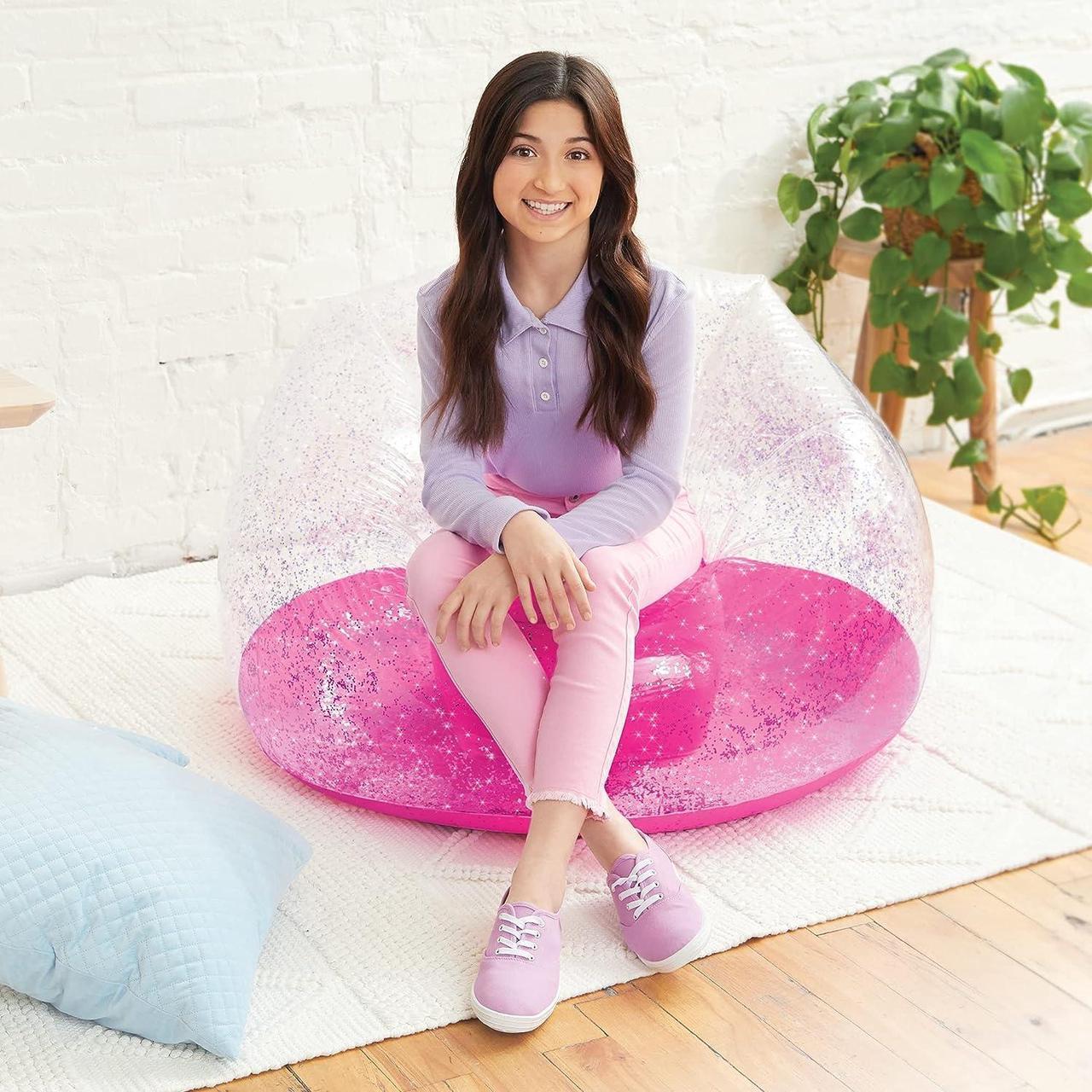 Alt view image 6 of 6 - Three Cheers for Girls by Make It Real - Pink Glitter Confetti Chairs - Inflatable Lounge Chair for Kids - Comfortable & Portable Blow Up Chair Perfect for Outdoors, Bedrooms, Game Room, Dorms & More!