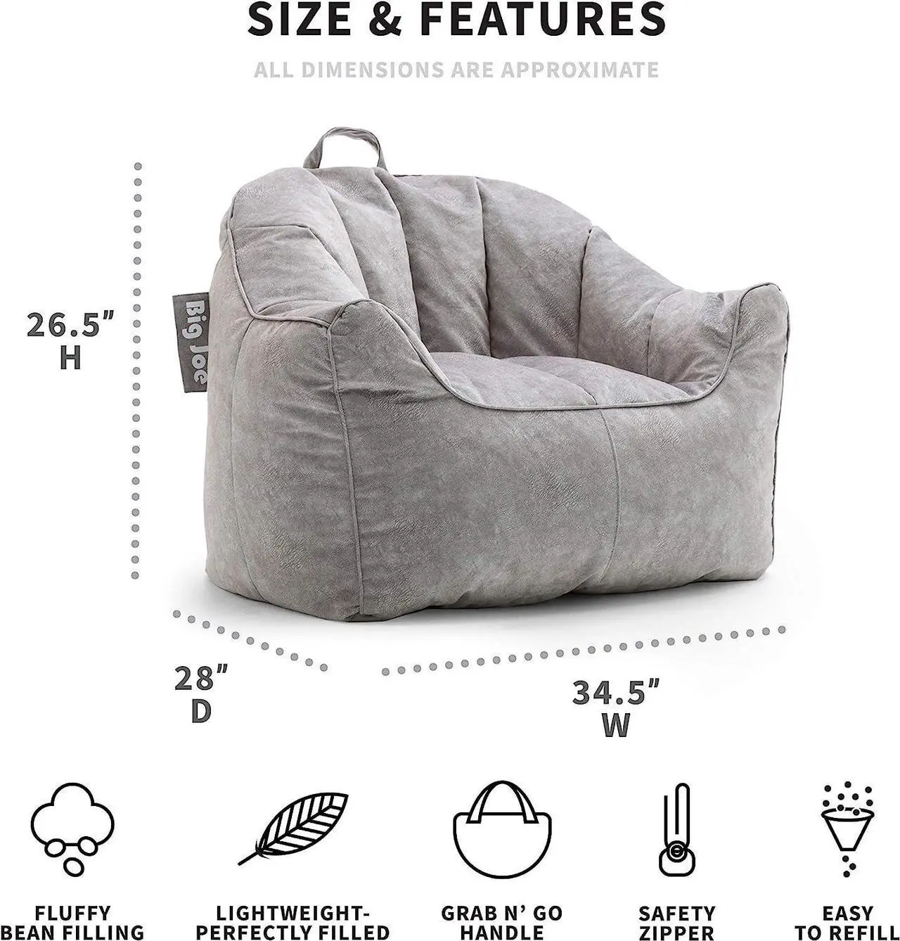 Alt view image 3 of 7 - Big Joe Hug Bean Bag Chair, Gray Hyde, Vegan Suede, 3 feet