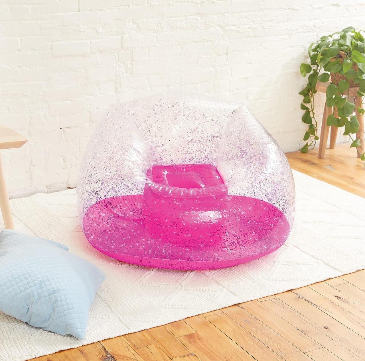 Alt view image 5 of 6 - Three Cheers for Girls by Make It Real - Pink Glitter Confetti Chairs - Inflatable Lounge Chair for Kids - Comfortable & Portable Blow Up Chair Perfect for Outdoors, Bedrooms, Game Room, Dorms & More!