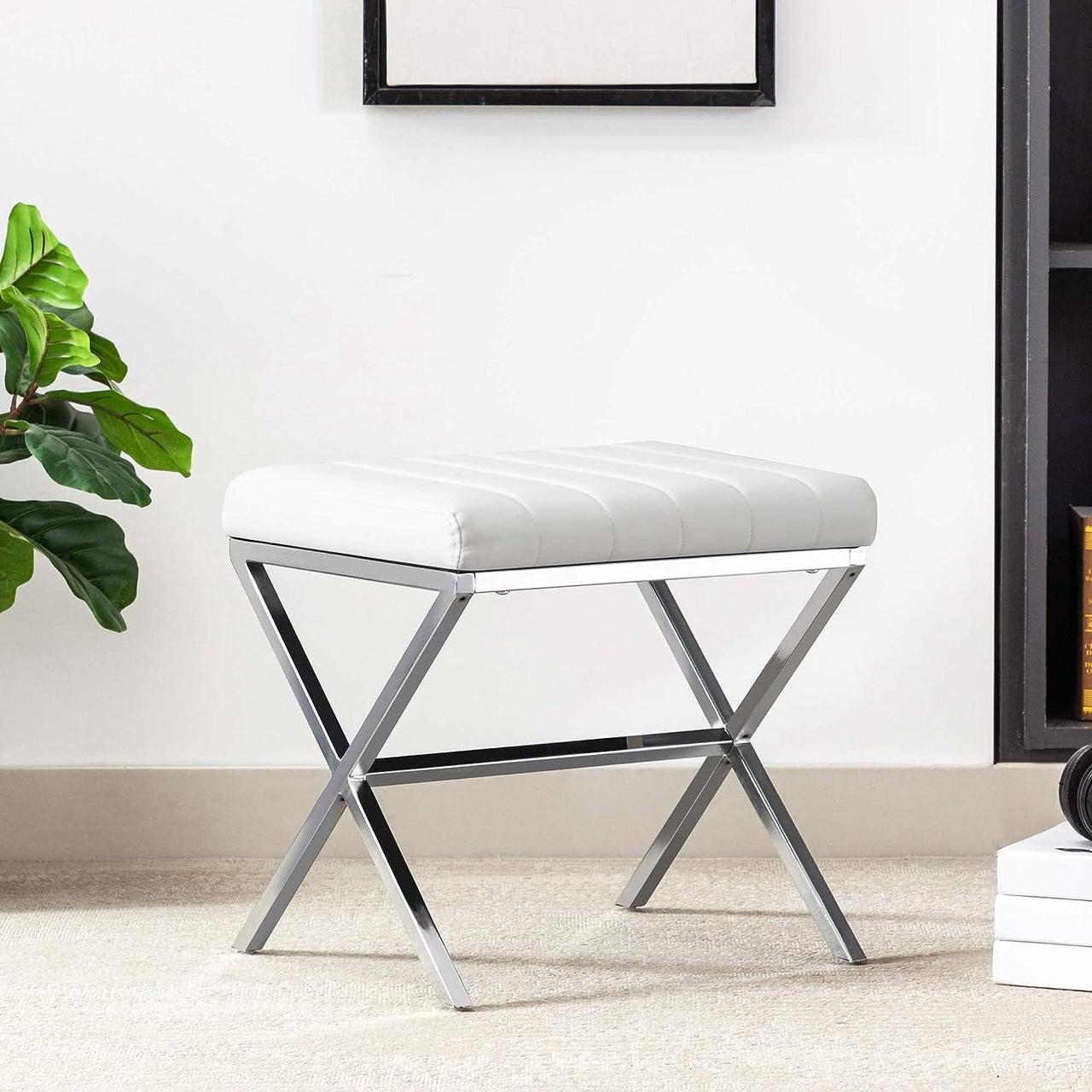 Main image of Duhome Vanity Stool,Modern PU Leather Ottoman Stool Chair for Vanity,Vanity Bench with Metal X Legs, Rectangle Makeup Stool Padded Foot Rest Stool for Makeup Room, Living Room, Bathroom,White