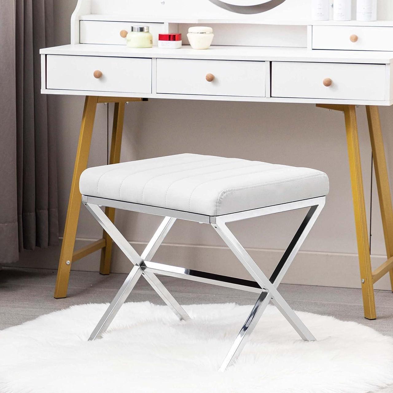 Alt view image 7 of 7 - Duhome Vanity Stool,Modern PU Leather Ottoman Stool Chair for Vanity,Vanity Bench with Metal X Legs, Rectangle Makeup Stool Padded Foot Rest Stool for Makeup Room, Living Room, Bathroom,White