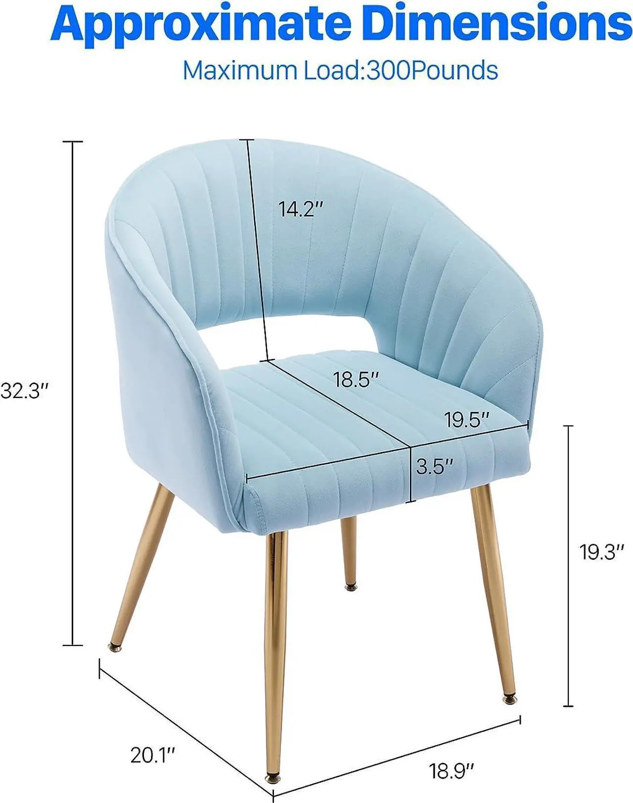 Alt view image 3 of 7 - KCC Modern Velvet Desk Chair Accent Armchair Upholstered Tufted Chairs Dining Chairs, Tufted Vanity Chairs Side Chairs with Gold Metal Legs for Dinging Room Living Room Restaurant, 1 PC & Baby Blue