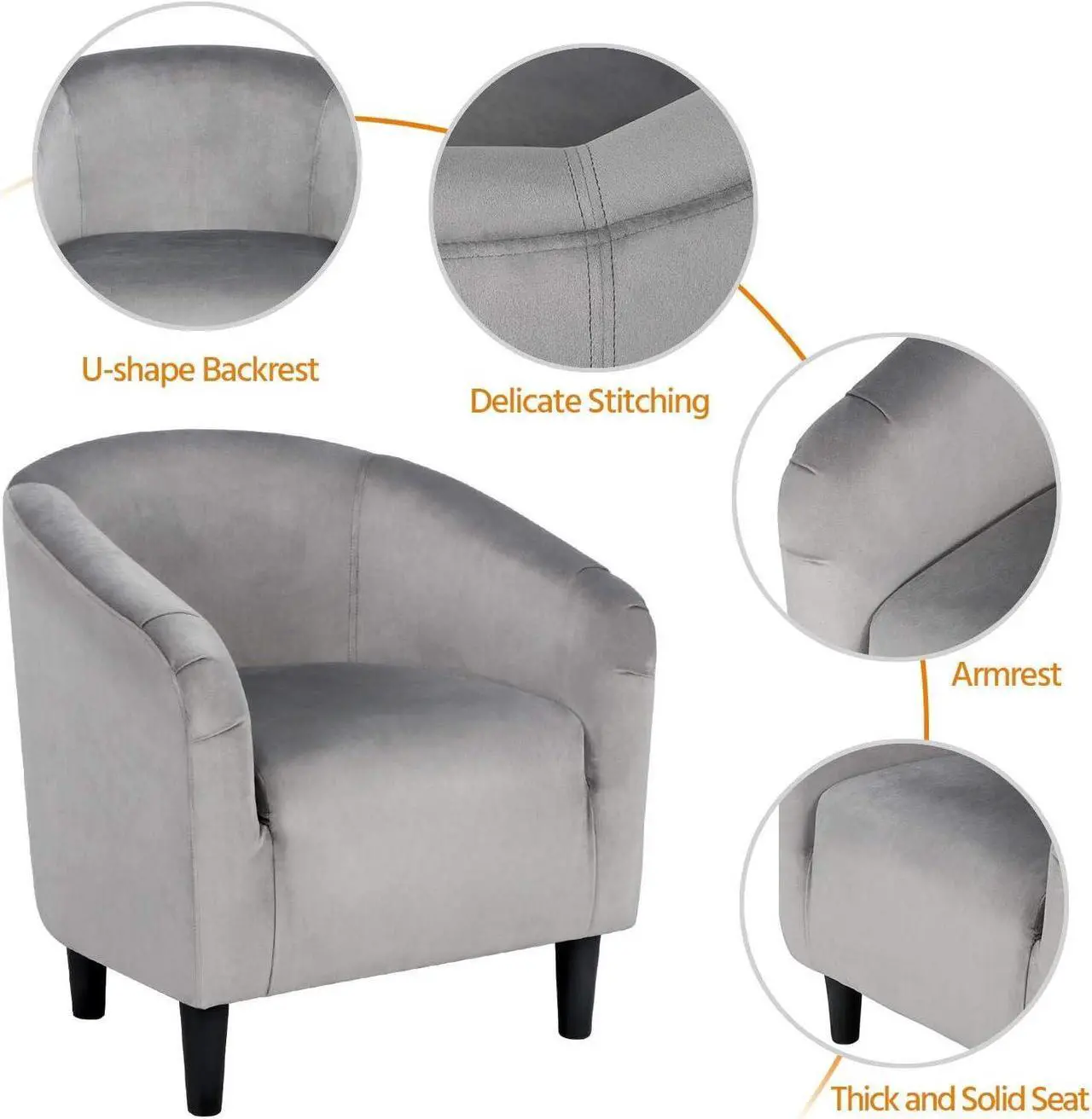 Alt view image 6 of 7 - Topeakmart Velvet Club Chair Accent Arm Chair Upholstered Barrel Chair Grey, Welcome to consult