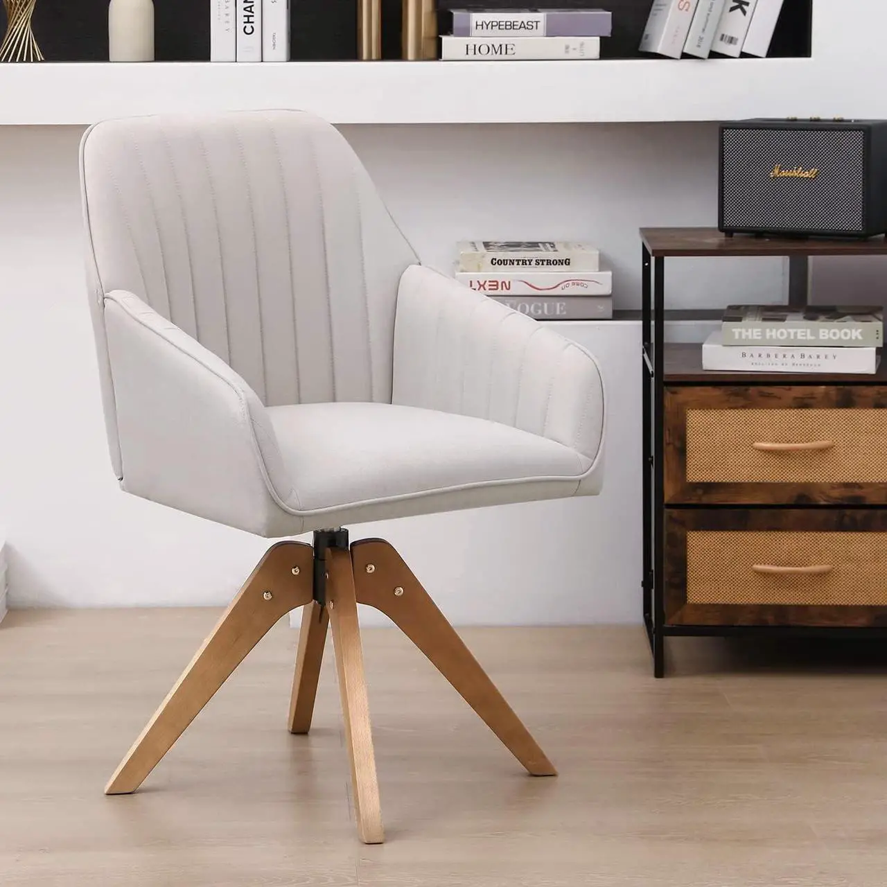 Main image of Furniliving 36.8'' Mid Century Modern Swivel Accent Chair for Living Room, Wood Desk Chair with Arms Mid Back Arm Chairs Upholstered Home Office Chair No Wheels for Home Office/Bedroom, Beige