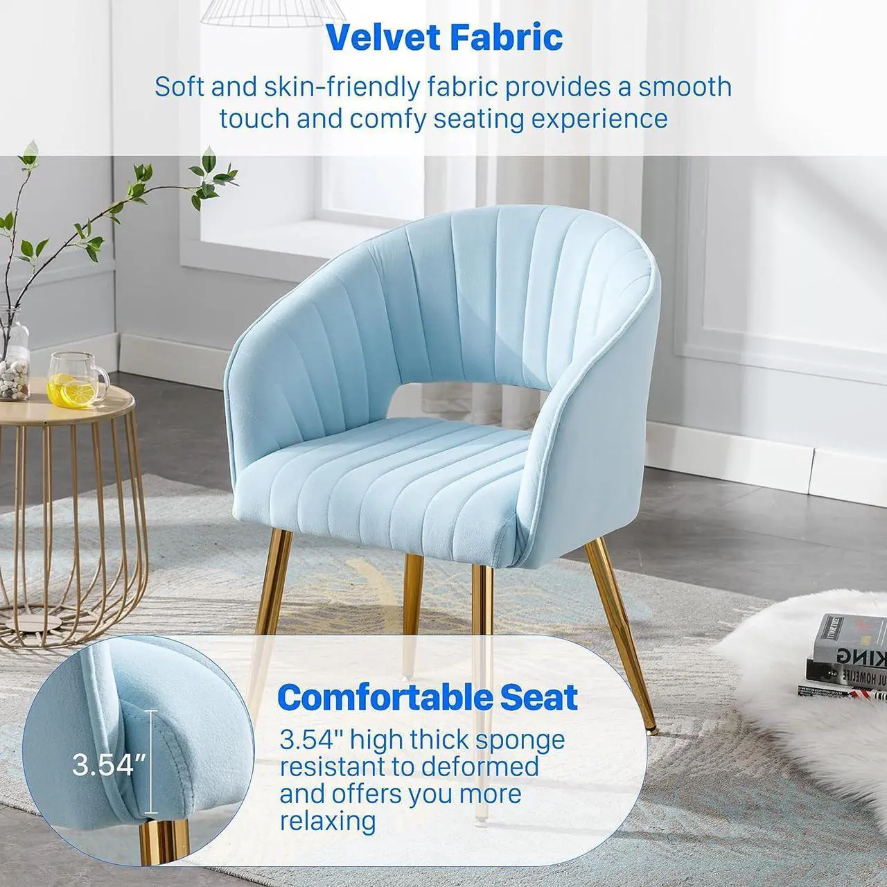 Alt view image 6 of 7 - KCC Modern Velvet Desk Chair Accent Armchair Upholstered Tufted Chairs Dining Chairs, Tufted Vanity Chairs Side Chairs with Gold Metal Legs for Dinging Room Living Room Restaurant, 1 PC & Baby Blue