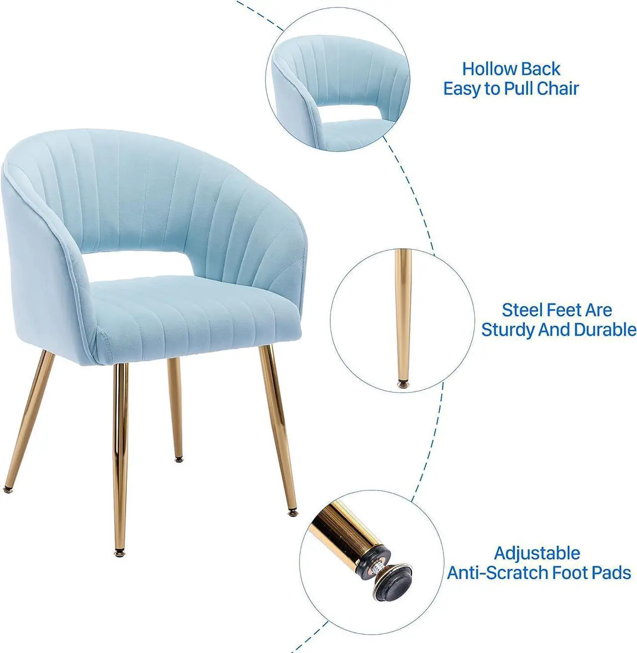 Alt view image 7 of 7 - KCC Modern Velvet Desk Chair Accent Armchair Upholstered Tufted Chairs Dining Chairs, Tufted Vanity Chairs Side Chairs with Gold Metal Legs for Dinging Room Living Room Restaurant, 1 PC & Baby Blue