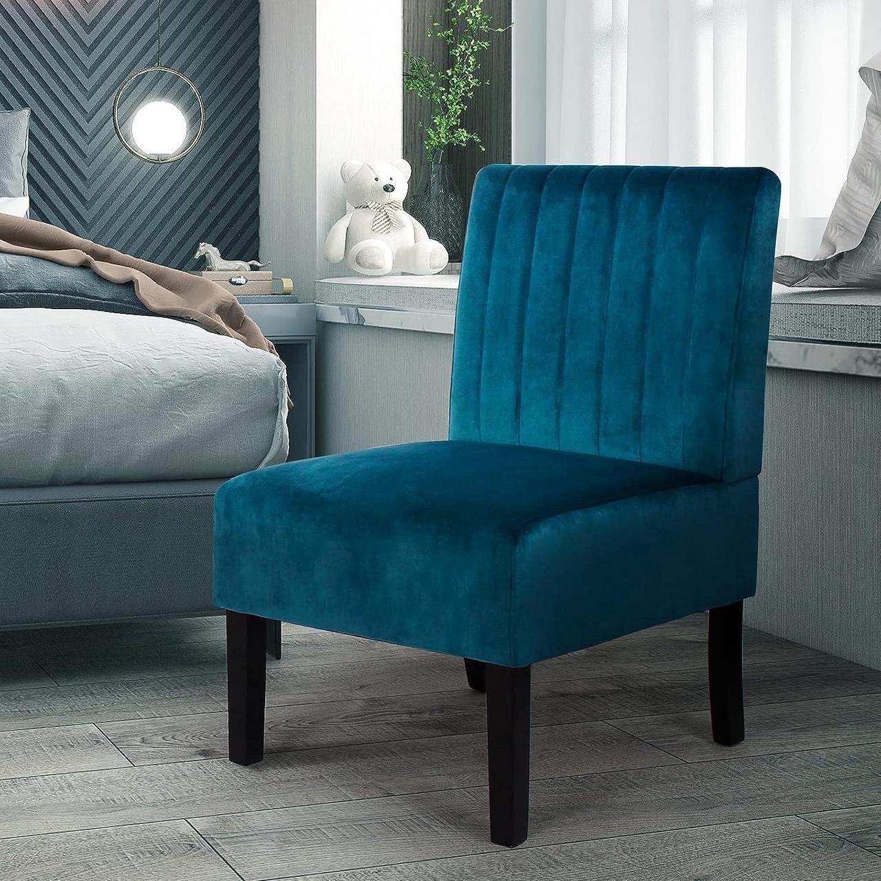 Alt view image 3 of 7 - STHOUYN Mordern Velvet Armless Accent Chair Sofa Decorative Slipper Chair Vanity Chair for Bedroom Desk, Corner Side Chair Living Room Furniture Blue