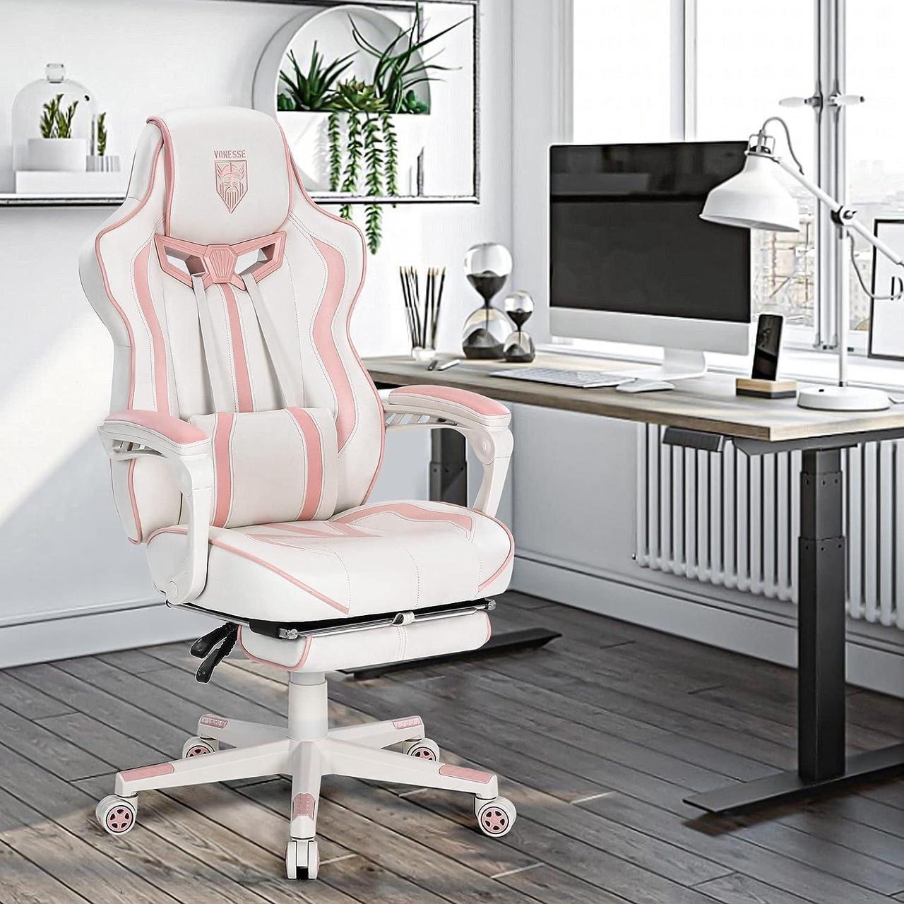 Alt view image 7 of 7 - Vonesse Pink Gaming Chair Gaming Chairs for Adults PC Game Chair for Girls Racing Style Reclining Computer Chair with Footrest Office Swivel Ergonomic Gaming Computer Chair with Massage High Back