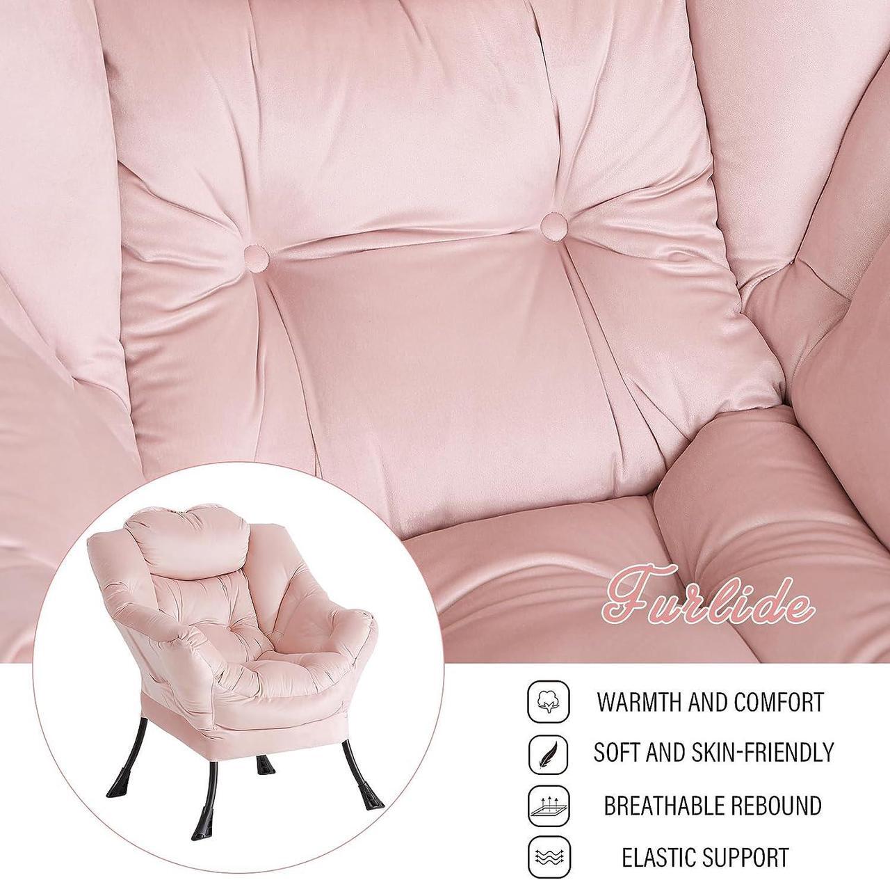 Alt view image 4 of 7 - Furlide Lazy Chair with Ottoman, Modern Chair with Folding Footrest, Lounge Accent Chair, Comfortable Reading Chair, Oversized Armchairs for Bedroom, Study, Living Room, Courtyard (Pink)
