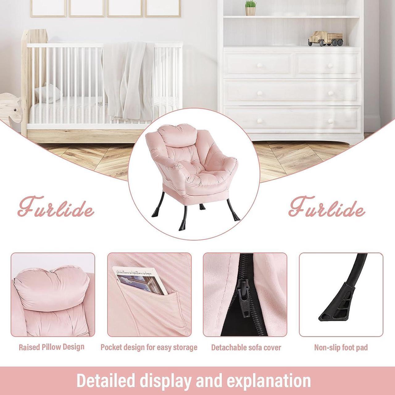 Alt view image 5 of 7 - Furlide Lazy Chair with Ottoman, Modern Chair with Folding Footrest, Lounge Accent Chair, Comfortable Reading Chair, Oversized Armchairs for Bedroom, Study, Living Room, Courtyard (Pink)
