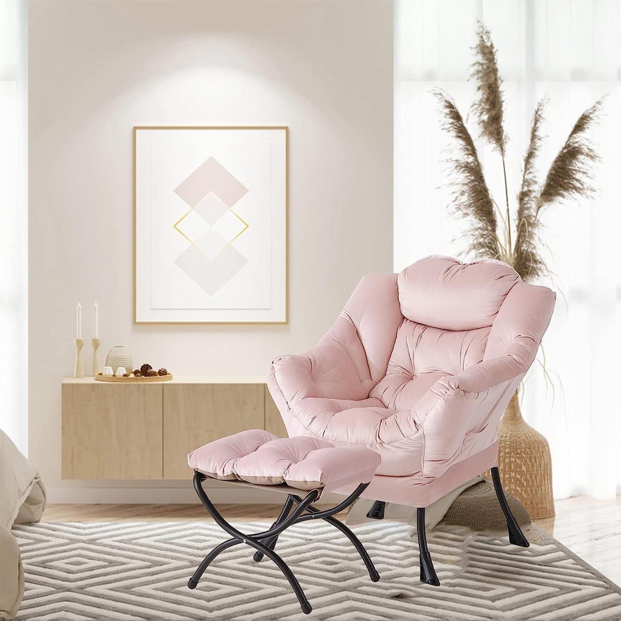 Alt view image 6 of 7 - Furlide Lazy Chair with Ottoman, Modern Chair with Folding Footrest, Lounge Accent Chair, Comfortable Reading Chair, Oversized Armchairs for Bedroom, Study, Living Room, Courtyard (Pink)