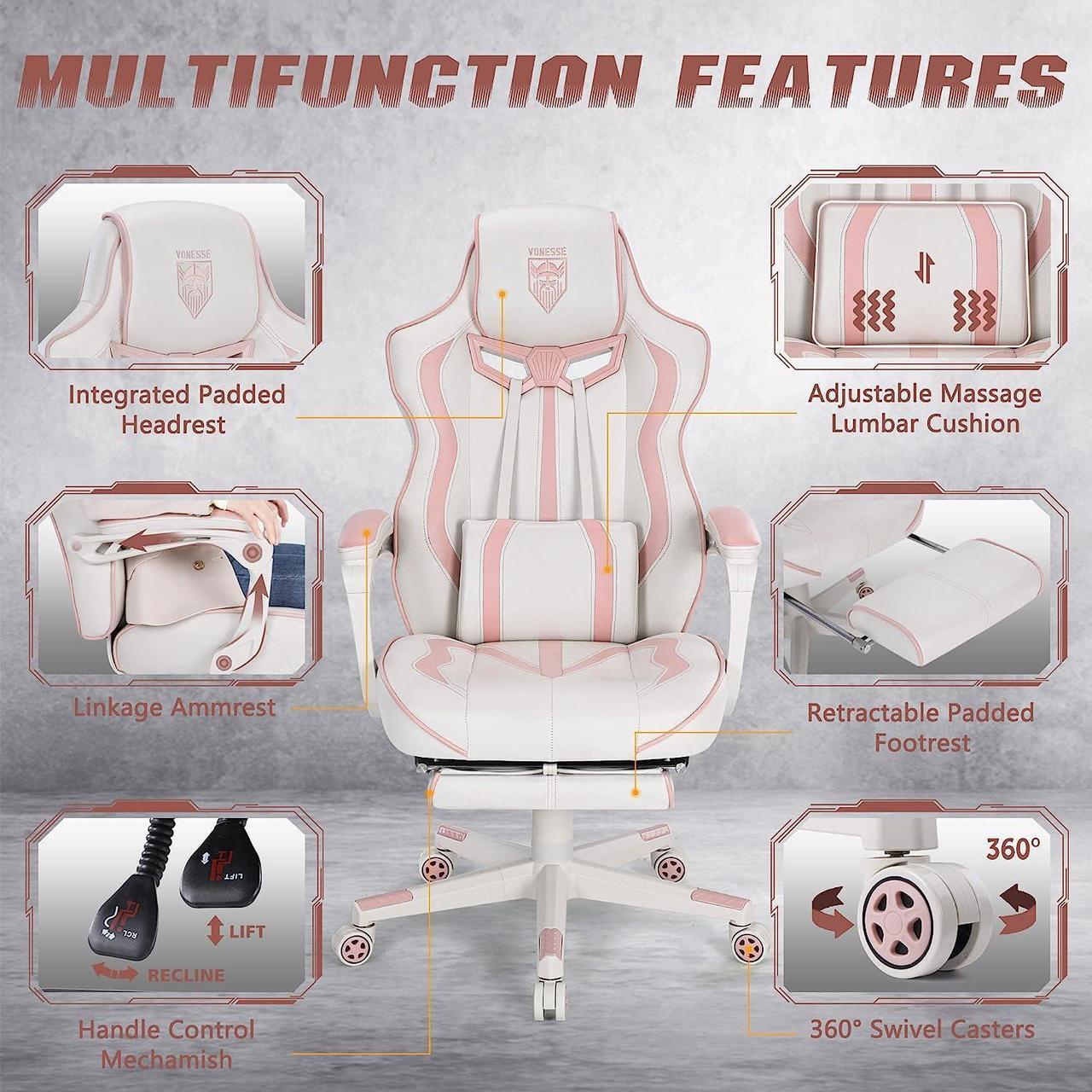 Alt view image 3 of 7 - Vonesse Pink Gaming Chair Gaming Chairs for Adults PC Game Chair for Girls Racing Style Reclining Computer Chair with Footrest Office Swivel Ergonomic Gaming Computer Chair with Massage High Back